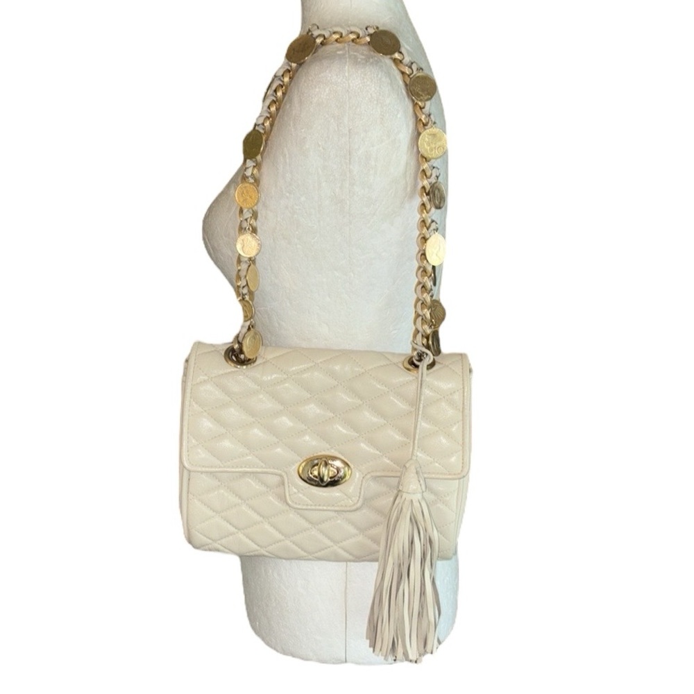 Paola PdL Firenze Vintage Ivory Quilted Leather Gold Coin Strap Tassel Handbag